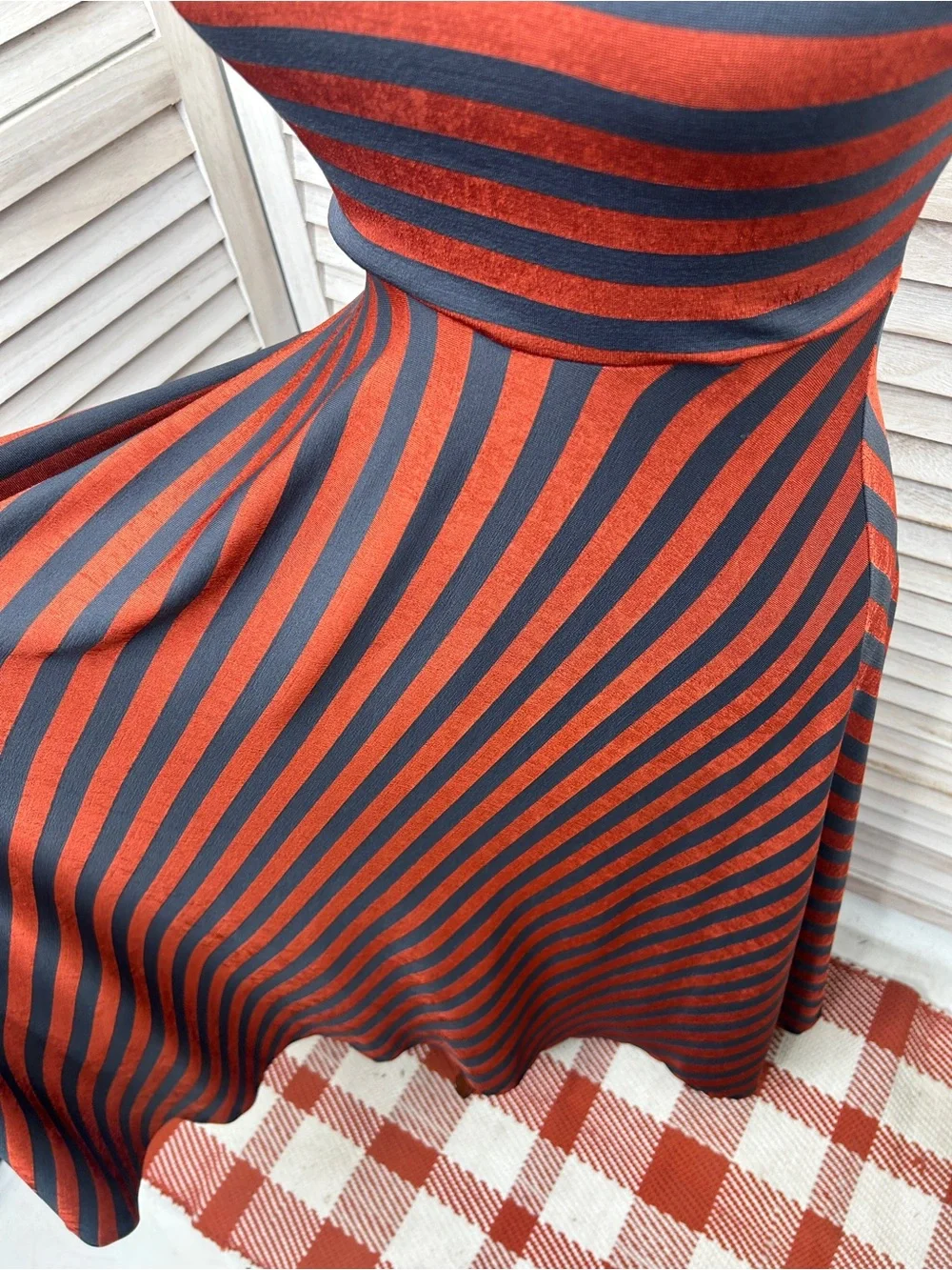 Strapless A-Line Midi Dress in Rust and Navy Stripes